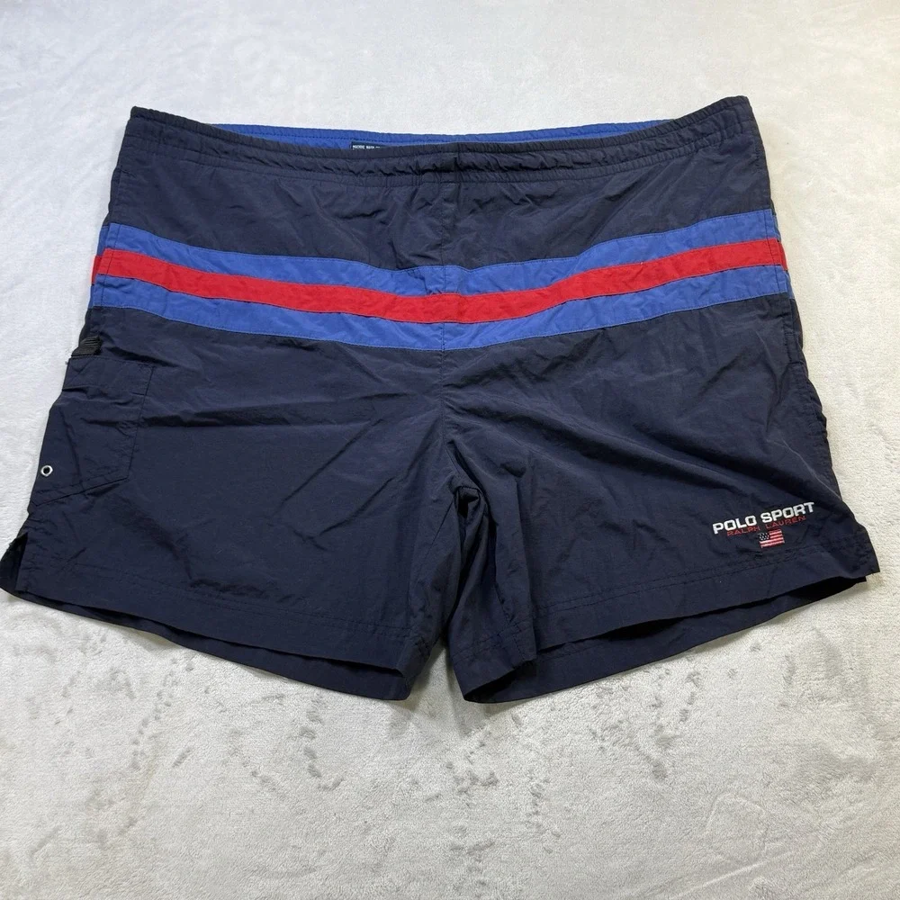 Vintage 90s Polo Sport Ralph Lauren Spell Out Swim Trunks Shorts Size L Blue Red